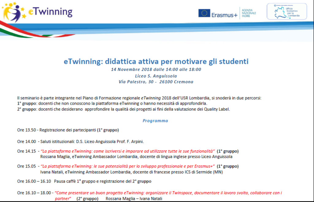 Seminario provinciale eTwinning il 14 novembre 2018